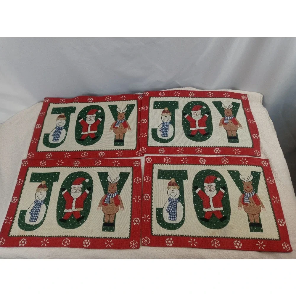 Holiday JOY Placemats Set of 4 Snowman‎ Santa Reindeer Christmas Decor